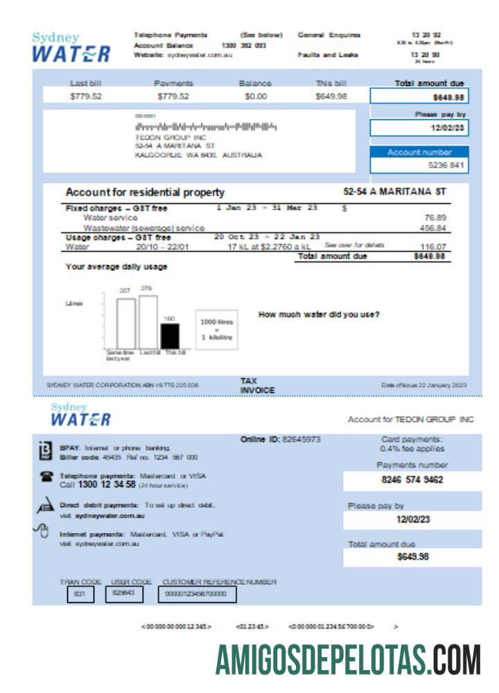 Projeto de lei de serviços públicos de água de Sydney, KA exemplo real